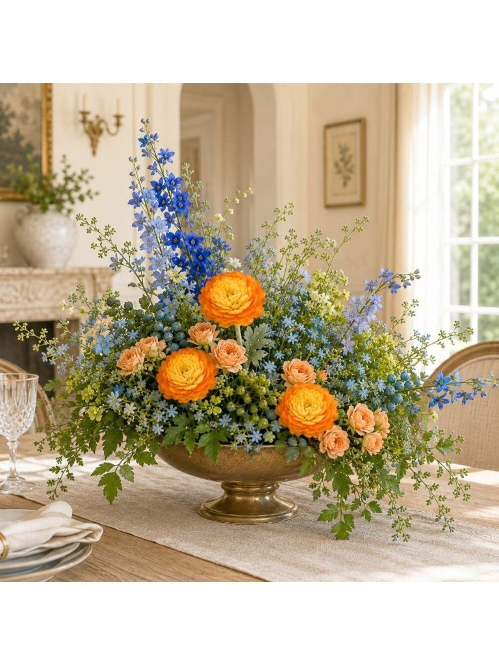 Orange Yellow Ranunculus Flowers Set of 5 15 Inch Faux Stems - Picture 6 of 7